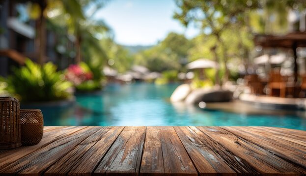 A serene poolside scene features a wooden table in the foreground, inviting relaxation and leisure.