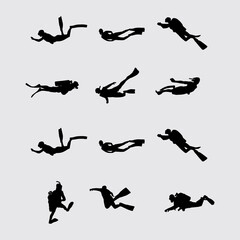 Set of Scuba Diver and Snorkeler Silhouettes Showing Fins, Tanks and Underwater Poses © erick
