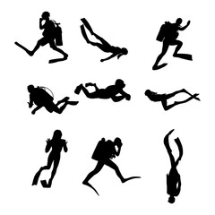 Set of Scuba Diver and Snorkeler Silhouettes Showing Fins, Tanks and Underwater Poses © erick