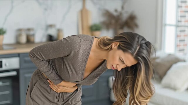 Caucasian woman clutching abdomen in kitchen, grimacing from sudden cramp, leaning on countertop for support, wearing white top, long blonde hair falling