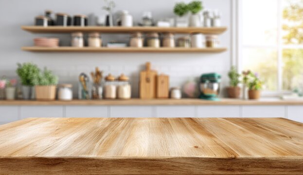 A bright and airy kitchen scene features a wooden countertop with a blurred background showcasing shelves filled with kitchenware and a sunlit window.