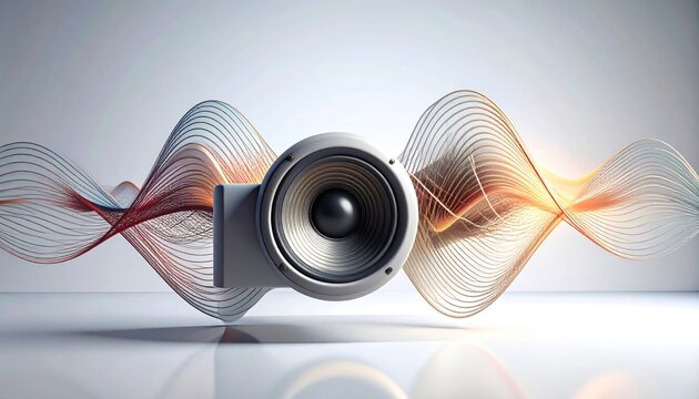 Modern speaker with abstract sound waves emanating from it studio lighting clean background