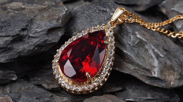 Elegant gold necklace with large red gemstone pendant and sparkling diamonds resting on textured dark stones
