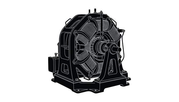 Vintage scientific dynamo generator, outline illustration of electrical machine on transparent background, industrial power.