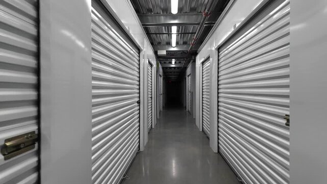 4K stabilized walking footage inside modern self storage facility corridor with metal roll up doors. Clean indoor hallway with repeating units, perspective lines, storage business concept