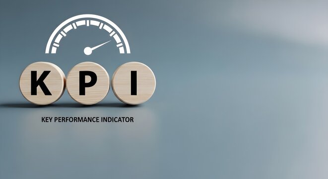Business KPI Concept: Key Performance Indicator Acronym on Wooden Blocks with Speedometer Gauge Icon and Copy Space