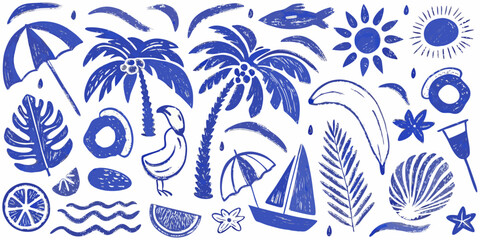 Obraz premium beach icons collection in blue line art style