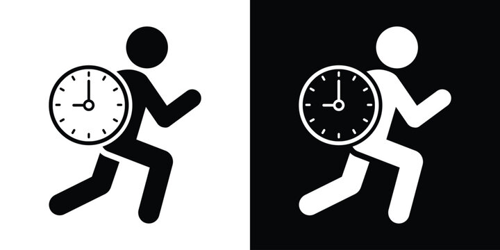 Vector icon of a person running with a clock, symbolizing time management, deadlines, punctuality, and rushing against time. Perfect for business, productivity, and schedule-related designs.