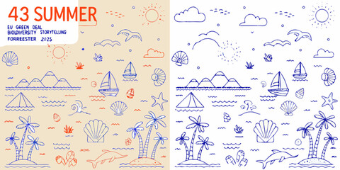 Obraz premium summer themed line art illustrations with palm trees boats and sea elements