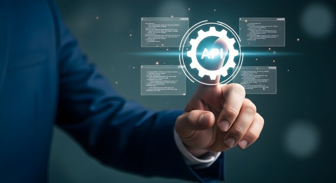 Businessman Touching API Icon on Virtual Screen, Application Programming Interface Technology Concept for Software Development and System Integration
