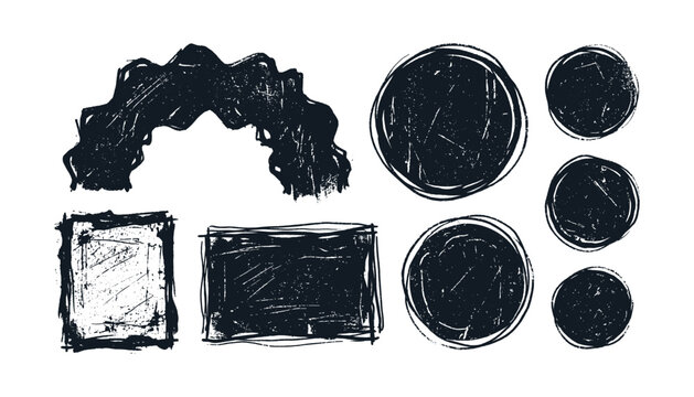 Collection of grunge ink brush strokes shapes circles and squares on transparent background vector.