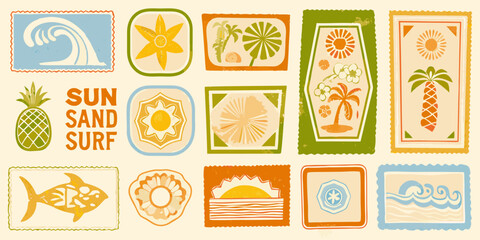 mid century surf beach culture icons with colorful retro stamps © Titul