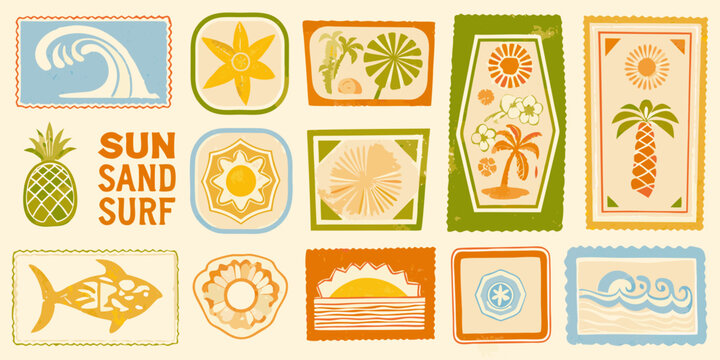 mid century surf beach culture icons with colorful retro stamps