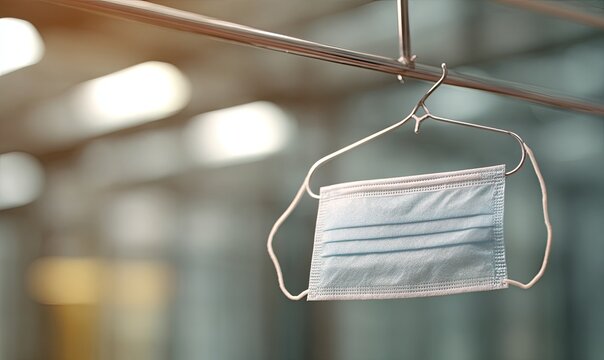 A disposable face mask hangs from a metal hanger, symbolizing the ongoing health precautions.