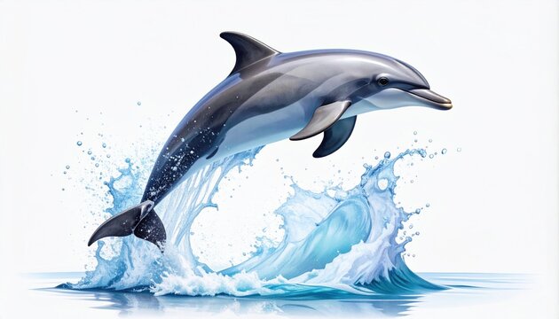 Dynamic dolphin leaps out of crashing ocean wave in a splash of water