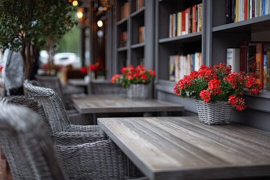 A cozy outdoor cafe scene features wooden tables, wicker chairs, and vibrant red geraniums displayed in baskets, complemented by a bookshelf filled with books in the background.