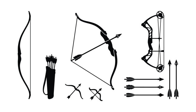 Set of bow and arrow icons in silhouette for archery sport, recreation, hunting and sport vector illustration