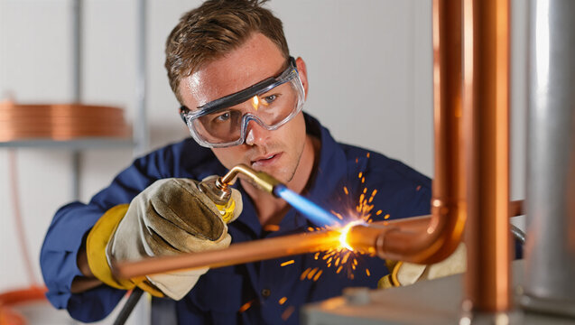 Worker welding copper pipe with torch