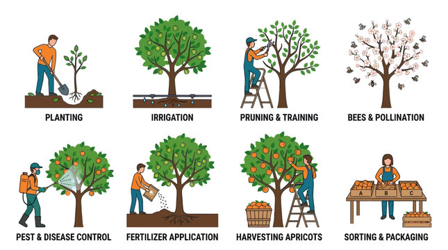 Illustrative icons showing the complete production stages of fruit farming including planting irrigation maintenance harvesting and packing processes for high quality fresh orchard crops