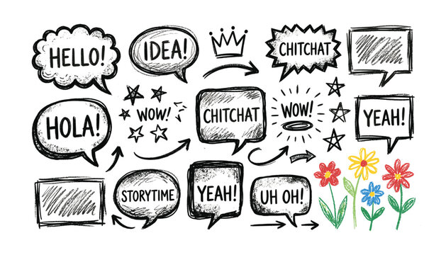 Set of hand-drawn chat bubbles with words like hello, idea, chitchat, storytime, and yeah on transparent background.