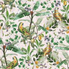 Yellow Parrots, Decorative seamless pattern. Repeating background. Tileable wallpaper print. © MalyskaStudio