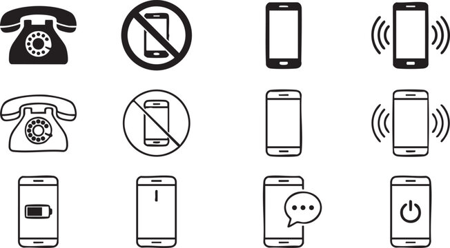 Modern and Retro Phone Icons, a versatile collection of 12 black and white communication symbols, mobile device and landline telephone vector graphics for technology and connectivity concepts