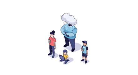 Fototapeta premium Isometric illustration of a chef with his team, cloud head.