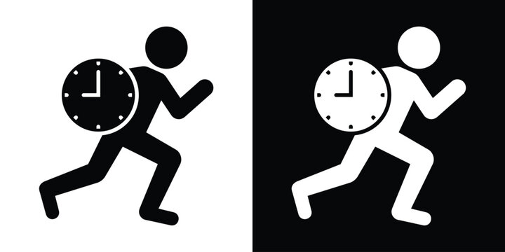 Vector icon of a person running with a clock, symbolizing time management, deadlines, punctuality, and rushing against time. Perfect for business, productivity, and schedule-related designs.