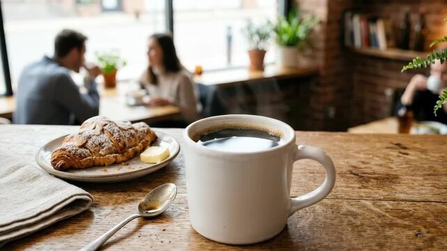 Freshly brewed black coffee in a white mug on wood, cozy cafe still life for breakfast, branding and lifestyle content, aromatic steam, rustic tabletop, warm morning mood, clean composition, realistic