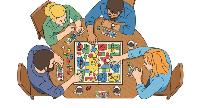 Overhead view of a diverse group of friends enjoying a strategic board game session around a wooden table