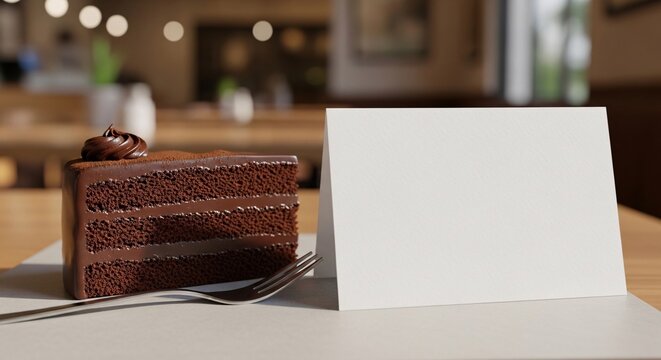 Sweet dessert cake served with blank card mockup on wooden table, ideal for bakery menu and advertising.