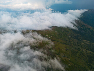 Fototapeta premium Aerial Drone View Clouds Waterfall Carpathian Mountains Chornohora Ridge Ukraine Landscape