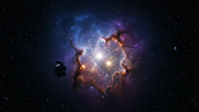 Epic nebula cosmic explosion with lightning and asteroids in deep space representing big bang concept