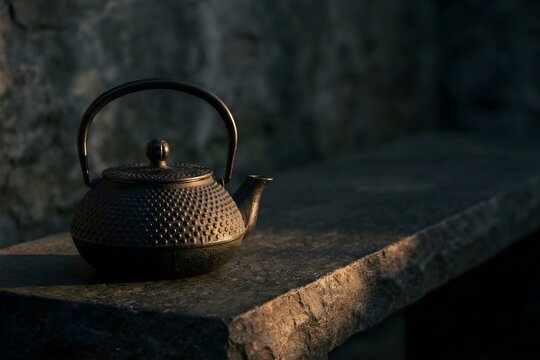 Cast Iron Teapot on Rustic Stone Bench