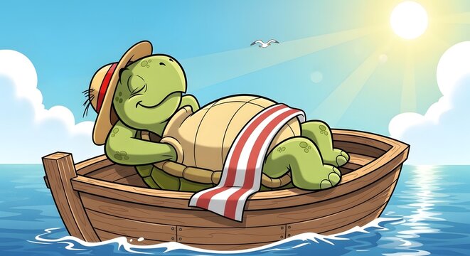 A cartoon turtle wearing a hat and towel lies relaxed in a small wooden boat on calm water under a sunny sky
