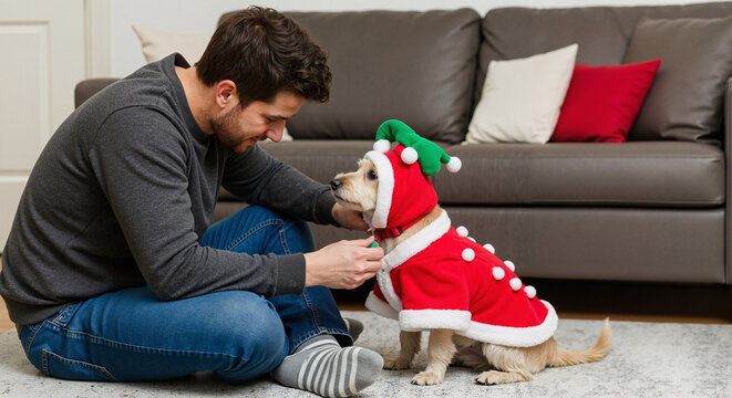 Man dressing pet in holiday costume, festive mood, indoors, cozy living room
