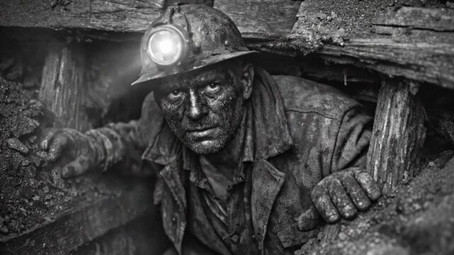Gritty black and white portrait of a determined coal miner in a dark, dusty mine shaft, headlamp glowing, representing hard labor.