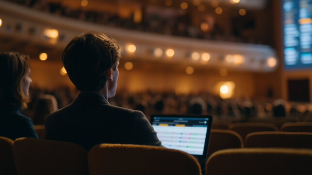 Annual board meeting proxy voting results display on governance platform projected onto auditorium screen, shareholders in tiered seating reviewing printed ballot summaries, evening event lighting c