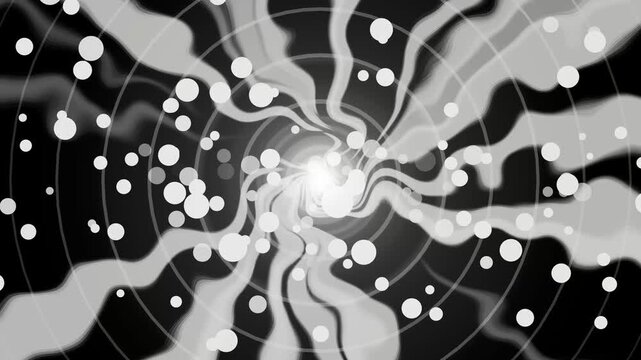 Abstract vortex concentric rings swirling ribbons and scattering light particles background animation