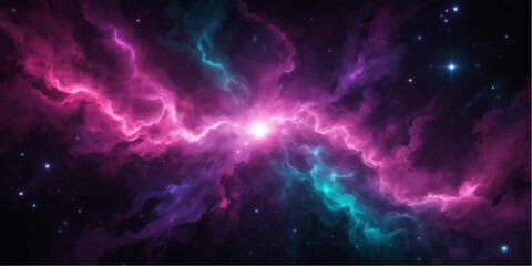 An abstract deep blue space background features a bright nebula and shining stars across a dark outer cosmos galaxy © Alpha Designs