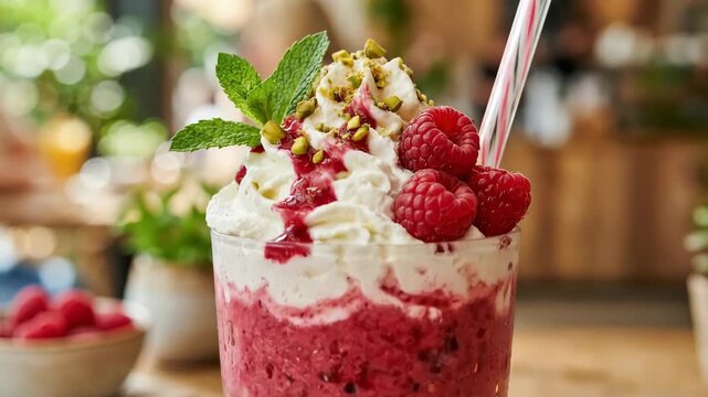 Fresh raspberry smoothie with whipped cream topping, vibrant dessert drink concept for cafe menus and summer refreshment themes, appetizing realistic detail, no logos