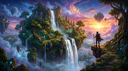 Obraz premium Magical floating island with waterfalls and vibrant sunset sky, representing surreal fantasy world and adventure exploration.