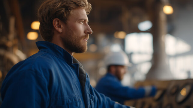 A process engineer watching a controlled fluid flow through a transparent industrial pipe with a deliberate bottleneck valve fitted mid-section. Busy factory backdrop, colleagues monitoring readouts