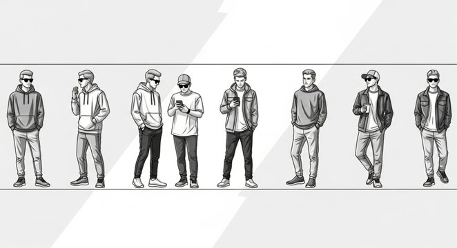 Group of Men in Casual Streetwear Posing in a Line.