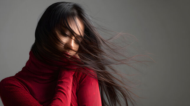 髪をなびかせる美しい女性 自信と心の安らぎを表現した人物写真