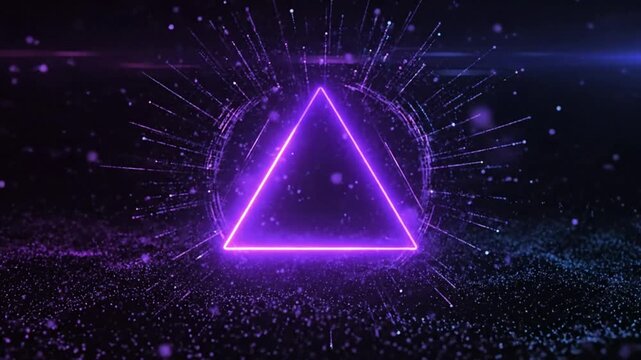Futuristic neon glowing purple triangle with sparkling particles and radiant light abstract background