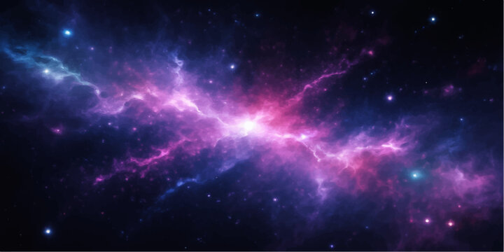 An abstract cosmos background featuring a bright blue nebula and shimmering stars scattered across a dark outer space galaxy within the deep black universe