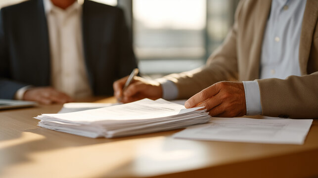 Invoice factoring client intake meeting shows a small business owner and a funding specialist reviewing accounts receivable aging schedules across a glass conference table. Warm afternoon light thro