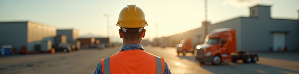 Back view of an industrial worker in a yellow hardhat and orange safety vest. Man looking at trucks and warehouses in a logistics yard during golden hour. International Workers' Day concept