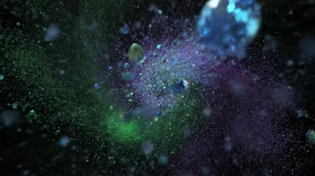 Abstract swirling vortex of color and light in a dark space featuring bubbles and particles